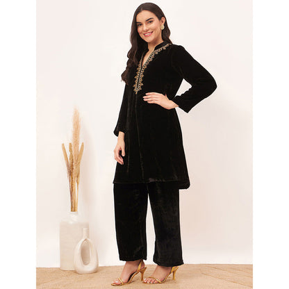 First Resort by Ramola Bachchan Black Hand Embroidered Silk Velvet Kurta Co-Ord