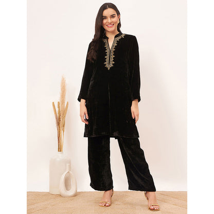 First Resort by Ramola Bachchan Black Hand Embroidered Silk Velvet Kurta Co-Ord