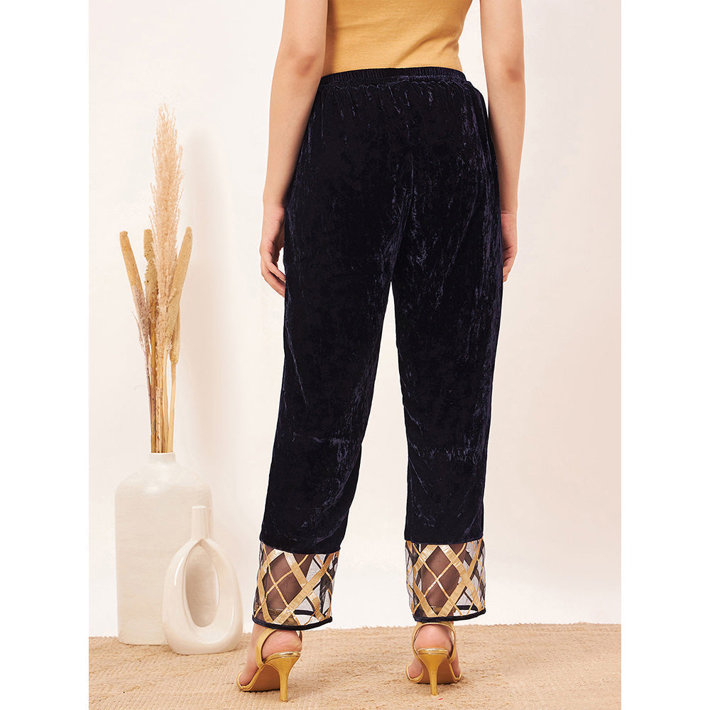 First Resort by Ramola Bachchan Blue Silk Velvet Pants with Gota Lace Detail