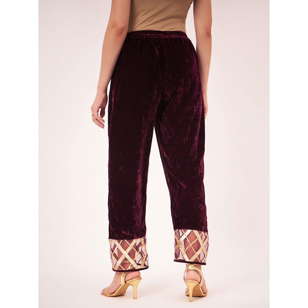 First Resort by Ramola Bachchan Maroon Silk Velvet Pants with Gota Lace Detail