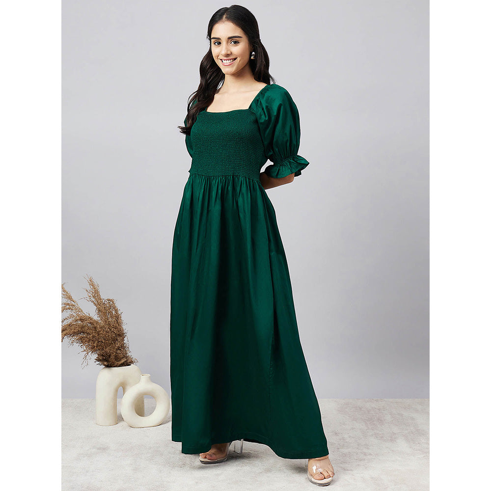 First Resort by Ramola Bachchan Bottle Green Smocked Maxi Dress