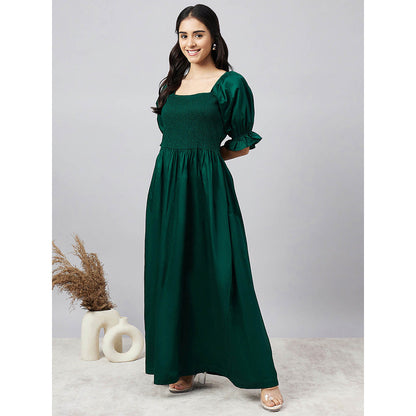 First Resort by Ramola Bachchan Bottle Green Smocked Maxi Dress
