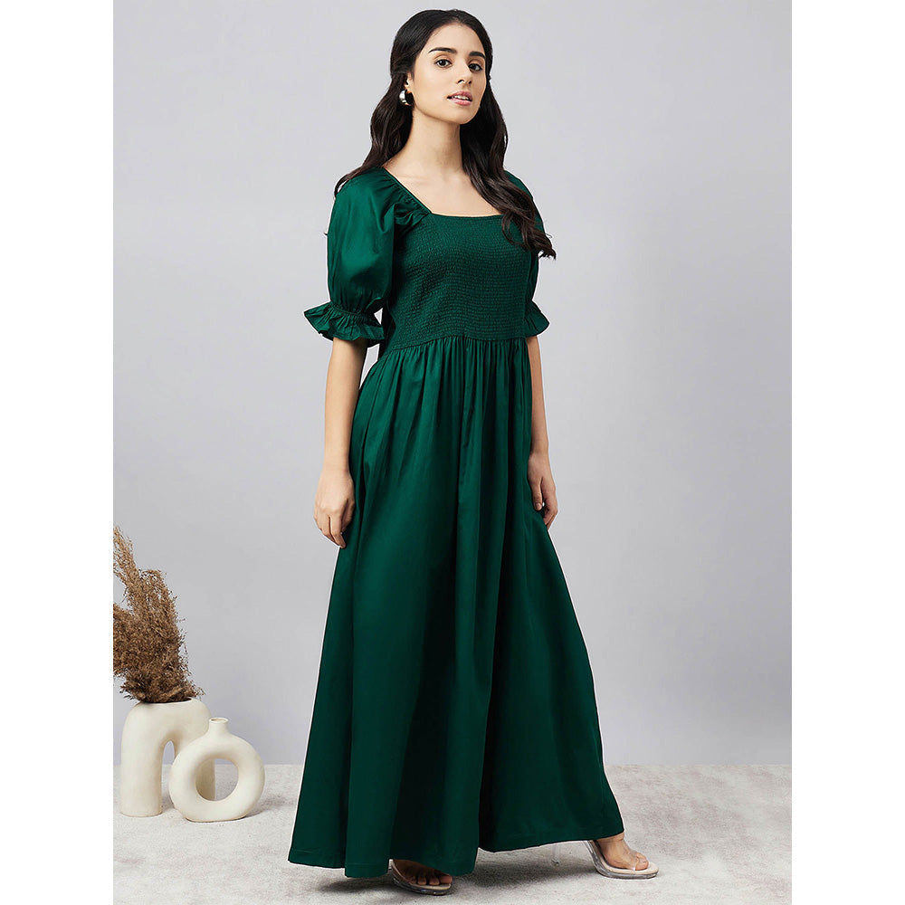 First Resort by Ramola Bachchan Bottle Green Smocked Maxi Dress
