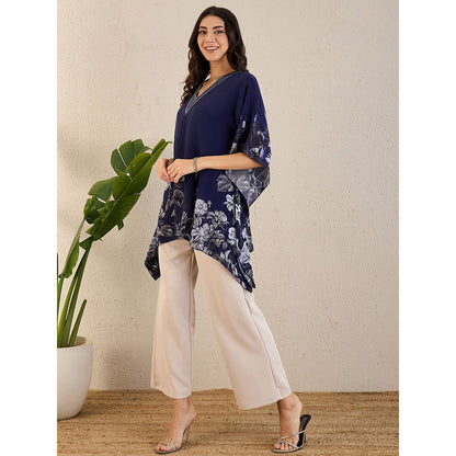 First Resort by Ramola Bachchan Dark Blue Embellished Floral Kaftan Top