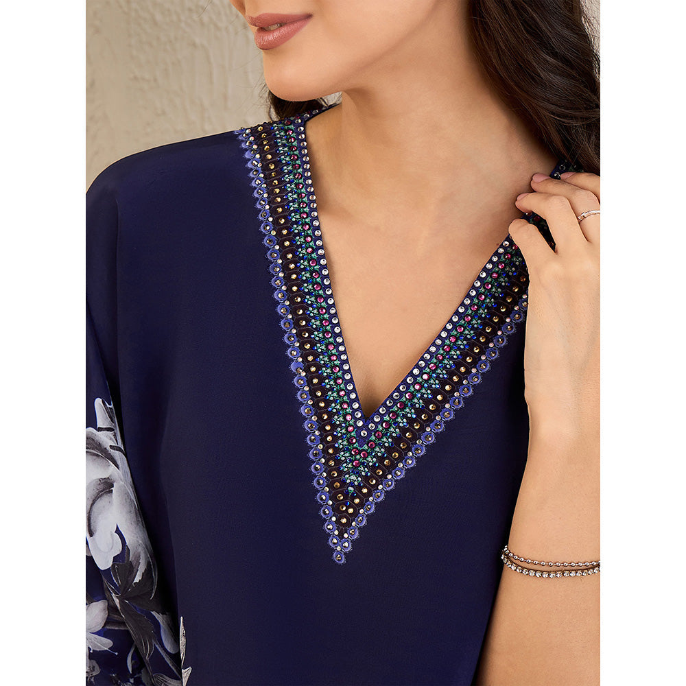First Resort by Ramola Bachchan Dark Blue Embellished Floral Kaftan Top