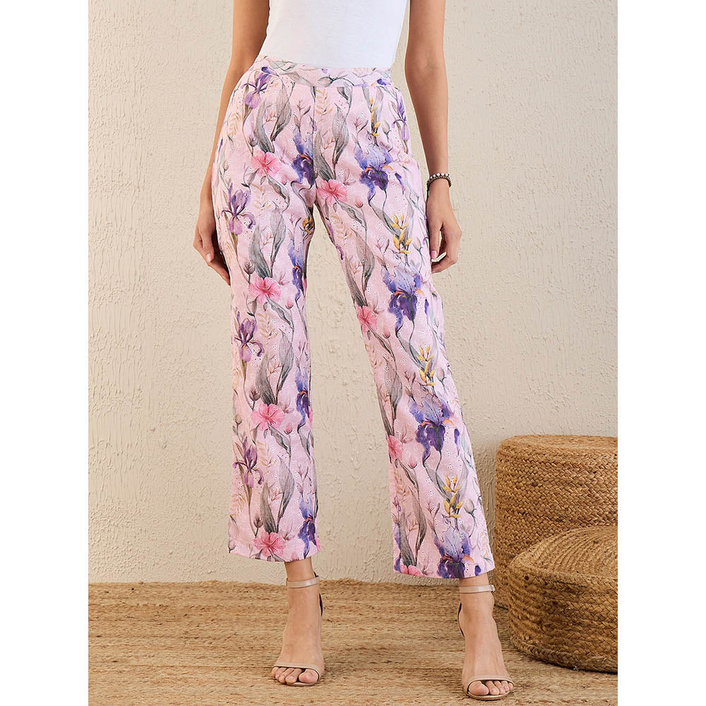 First Resort by Ramola Bachchan Baby Pink & Mauve Botanical Print Schiffli Straight Pant