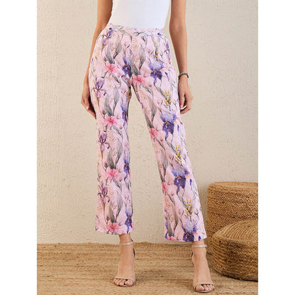 First Resort by Ramola Bachchan Baby Pink & Mauve Botanical Print Schiffli Straight Pant