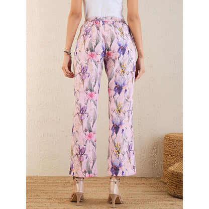 First Resort by Ramola Bachchan Baby Pink & Mauve Botanical Print Schiffli Straight Pant