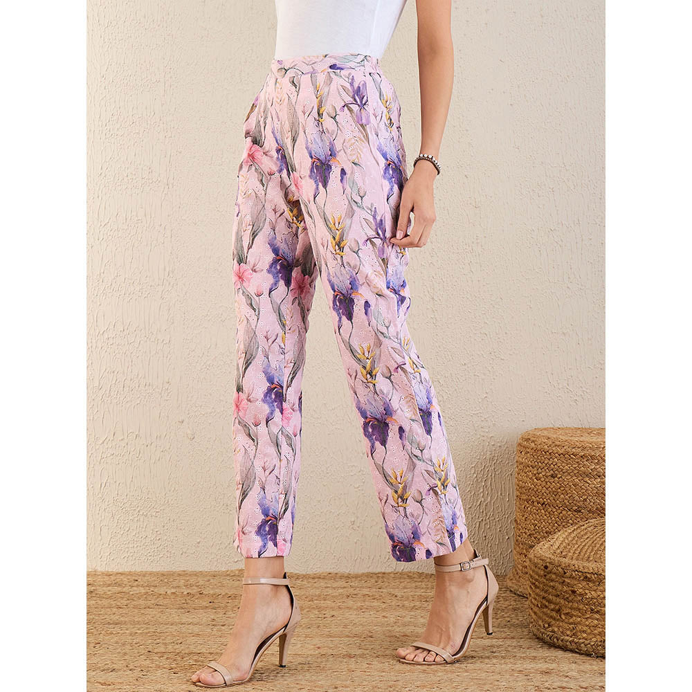 First Resort by Ramola Bachchan Baby Pink & Mauve Botanical Print Schiffli Straight Pant