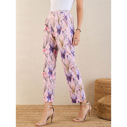 First Resort by Ramola Bachchan Baby Pink & Mauve Botanical Print Schiffli Straight Pant
