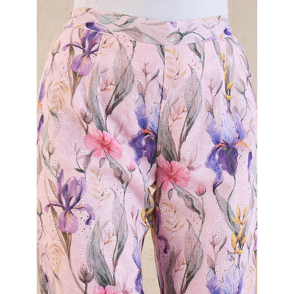First Resort by Ramola Bachchan Baby Pink & Mauve Botanical Print Schiffli Straight Pant