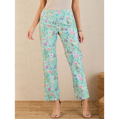 First Resort by Ramola Bachchan Aquamarine Floral Print Schiffli Straight Pant