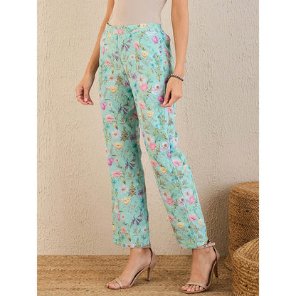 First Resort by Ramola Bachchan Aquamarine Floral Print Schiffli Straight Pant