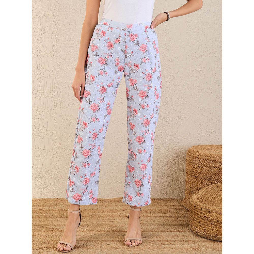 First Resort by Ramola Bachchan Ice Blue & Pink Floral Print Schiffli Straight Pant