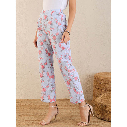 First Resort by Ramola Bachchan Ice Blue & Pink Floral Print Schiffli Straight Pant