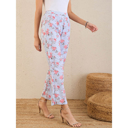 First Resort by Ramola Bachchan Ice Blue & Pink Floral Print Schiffli Straight Pant