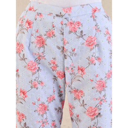 First Resort by Ramola Bachchan Ice Blue & Pink Floral Print Schiffli Straight Pant