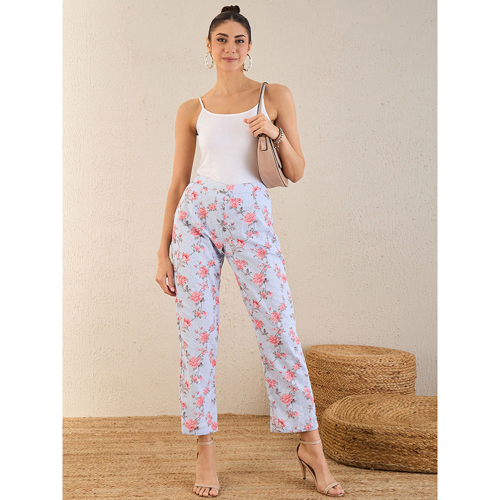 First Resort by Ramola Bachchan Ice Blue & Pink Floral Print Schiffli Straight Pant