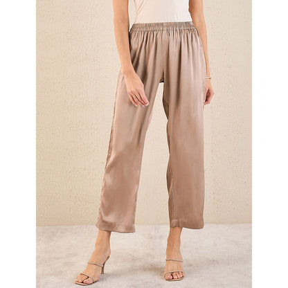 First Resort by Ramola Bachchan Hazel Brown Pintucked Straight Satin Pant