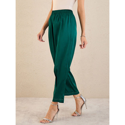First Resort by Ramola Bachchan Teal Crystal Embellished Satin Straight Pant