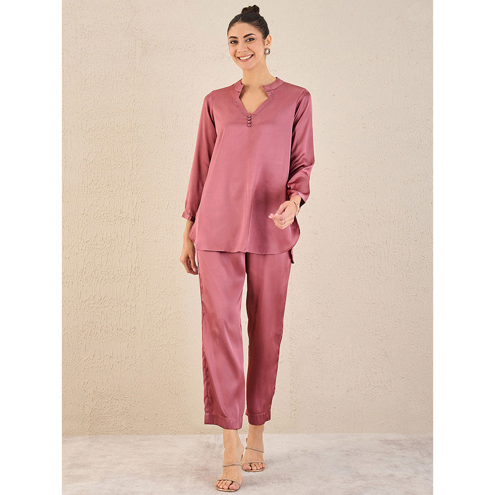 First Resort by Ramola Bachchan Old Rose Embellished Satin Top with Straight Pant (Set of 2)