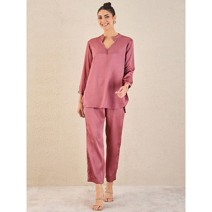 First Resort by Ramola Bachchan Old Rose Embellished Satin Top with Straight Pant (Set of 2)