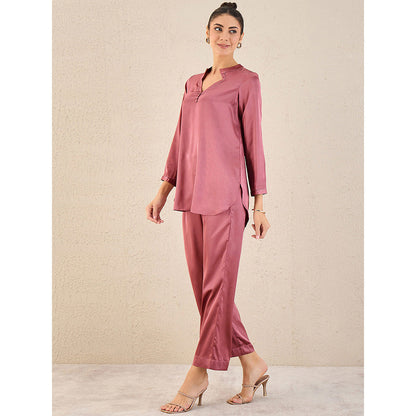 First Resort by Ramola Bachchan Old Rose Embellished Satin Top with Straight Pant (Set of 2)
