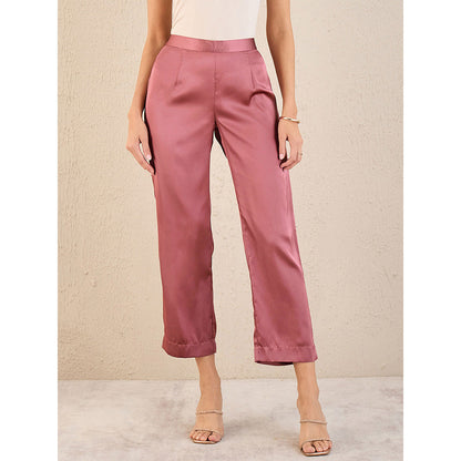 First Resort by Ramola Bachchan Old Rose Embellished Satin Top with Straight Pant (Set of 2)