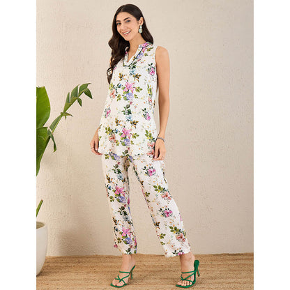First Resort by Ramola Bachchan White & Pink Garden Print Sleeveless Co-Ordinate (Set of 2)