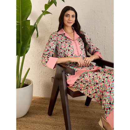 First Resort by Ramola Bachchan Rose Pink & Cyan Geometric Print Co-Ordinate (Set of 2)
