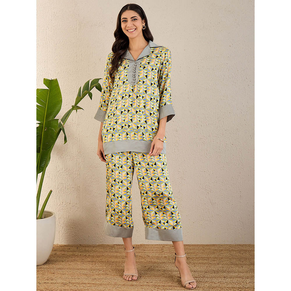 First Resort by Ramola Bachchan Pale Grey & Lemon Geometric Print Co-Ordinate (Set of 2)