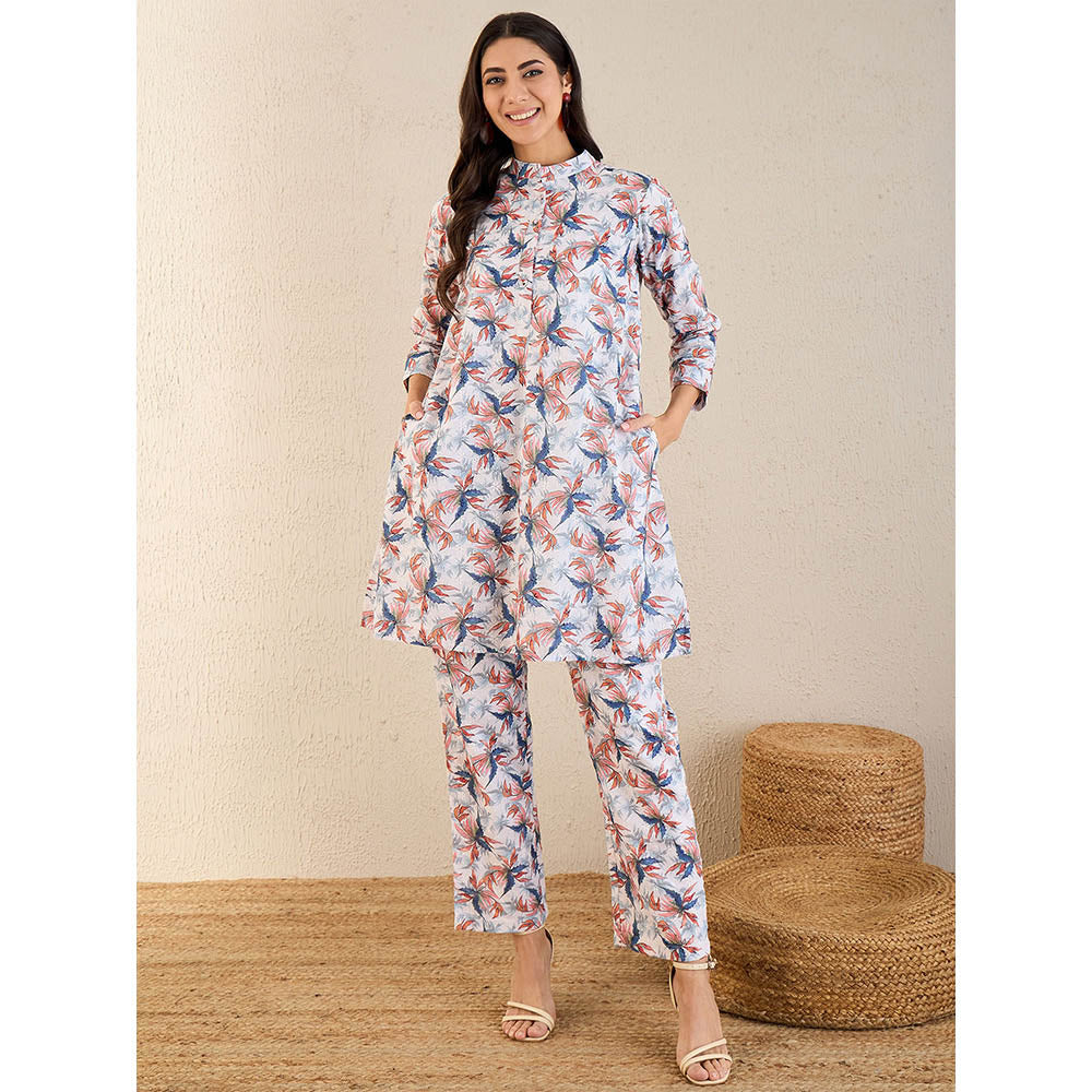 First Resort by Ramola Bachchan White & Indigo Blue Botanical Print Schiffli Co-Ord (Set of 2)