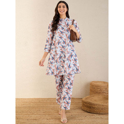 First Resort by Ramola Bachchan White & Indigo Blue Botanical Print Schiffli Co-Ord (Set of 2)