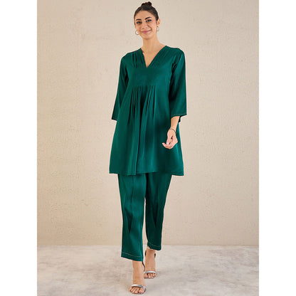 First Resort by Ramola Bachchan Teal Satin Co-Ordinate with Pleats (Set of 2)