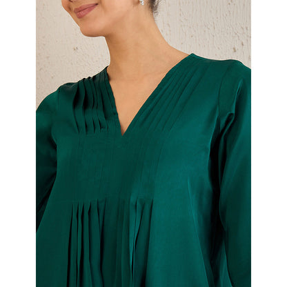 First Resort by Ramola Bachchan Teal Satin Co-Ordinate with Pleats (Set of 2)