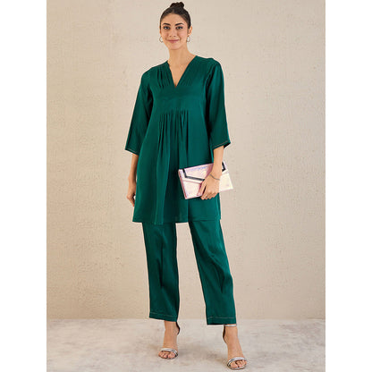 First Resort by Ramola Bachchan Teal Satin Co-Ordinate with Pleats (Set of 2)