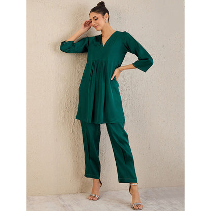 First Resort by Ramola Bachchan Teal Satin Co-Ordinate with Pleats (Set of 2)