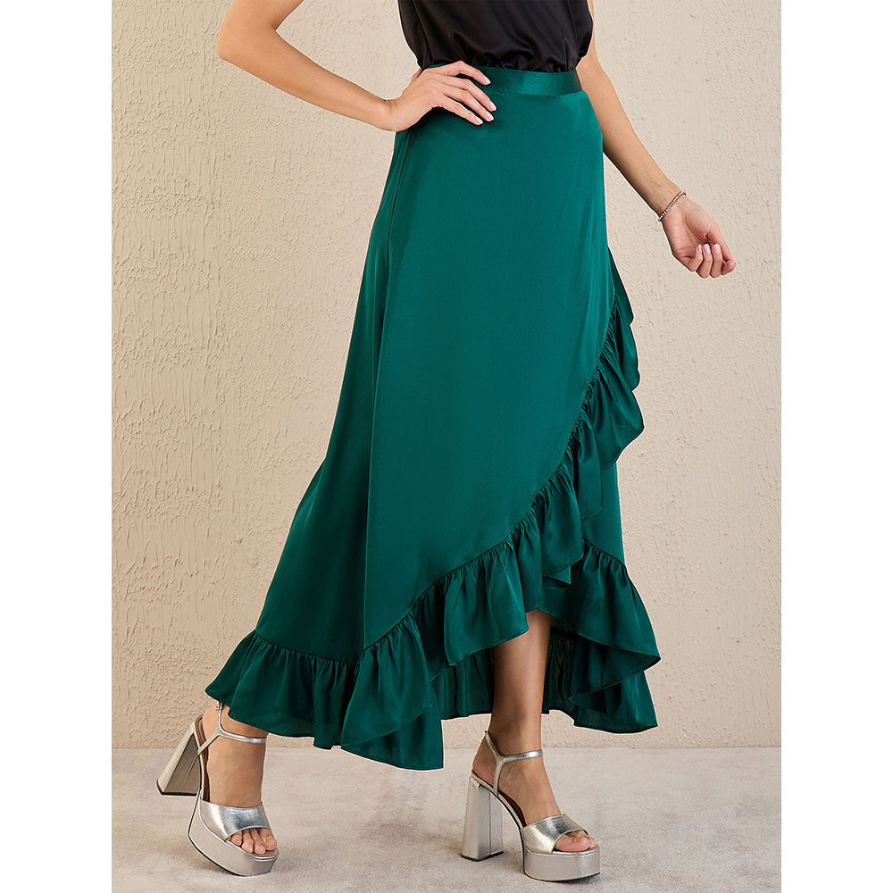 First Resort by Ramola Bachchan Teal Satin Frill Long Skirt
