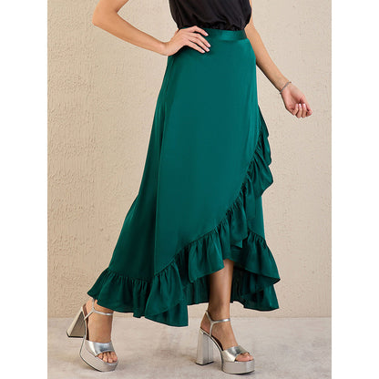 First Resort by Ramola Bachchan Teal Satin Frill Long Skirt