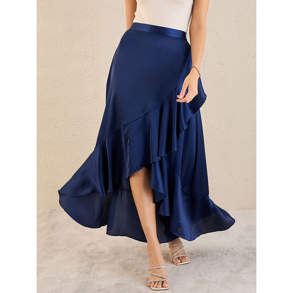 First Resort by Ramola Bachchan Navy Blue Satin Broad Frill Long Skirt