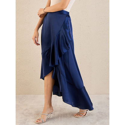 First Resort by Ramola Bachchan Navy Blue Satin Broad Frill Long Skirt