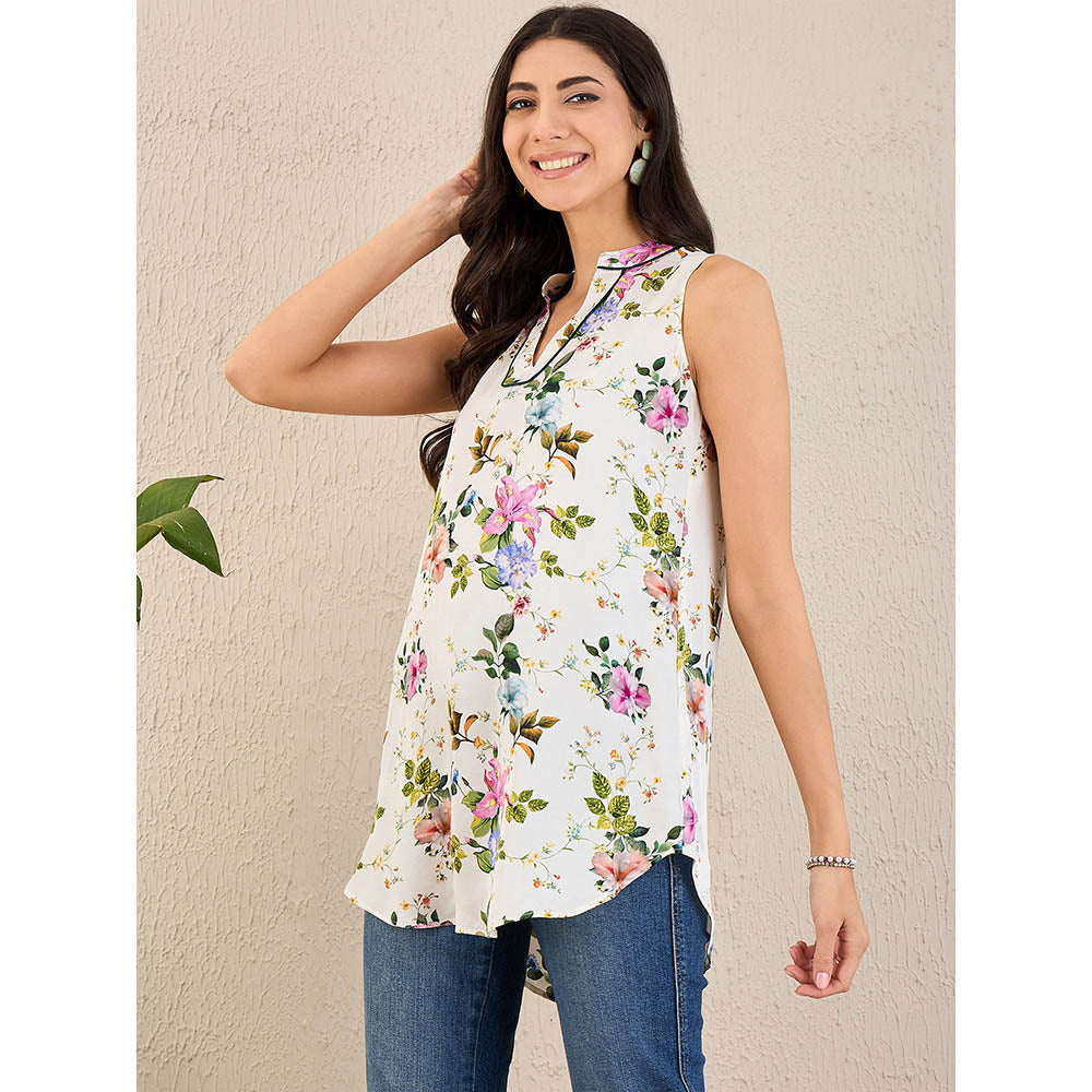 First Resort by Ramola Bachchan White & Pink Garden Print Sleeveless Top