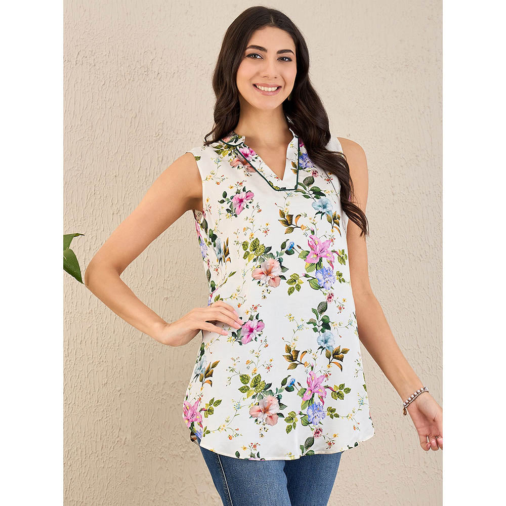 First Resort by Ramola Bachchan White & Pink Garden Print Sleeveless Top