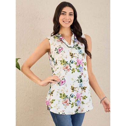 First Resort by Ramola Bachchan White & Pink Garden Print Sleeveless Top