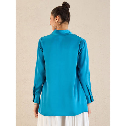 First Resort by Ramola Bachchan True Blue Shawl Collar Satin Top