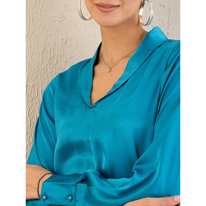 First Resort by Ramola Bachchan True Blue Shawl Collar Satin Top