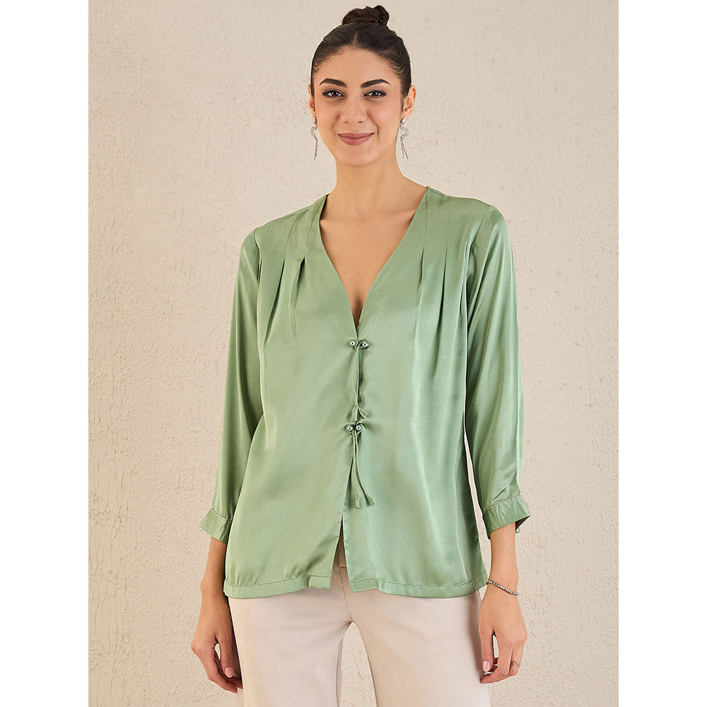 First Resort by Ramola Bachchan Tea Green Crystal Embellished Satin Top with Bow Detail