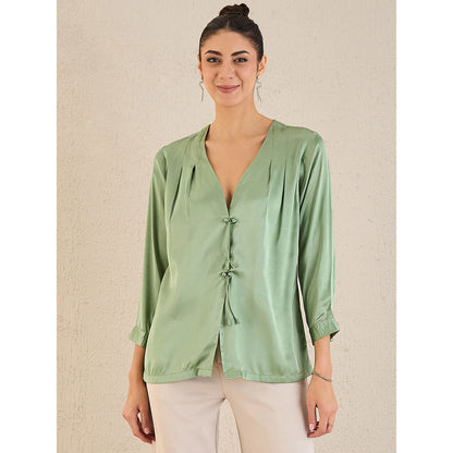 First Resort by Ramola Bachchan Tea Green Crystal Embellished Satin Top with Bow Detail