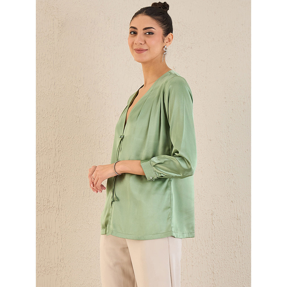 First Resort by Ramola Bachchan Tea Green Crystal Embellished Satin Top with Bow Detail