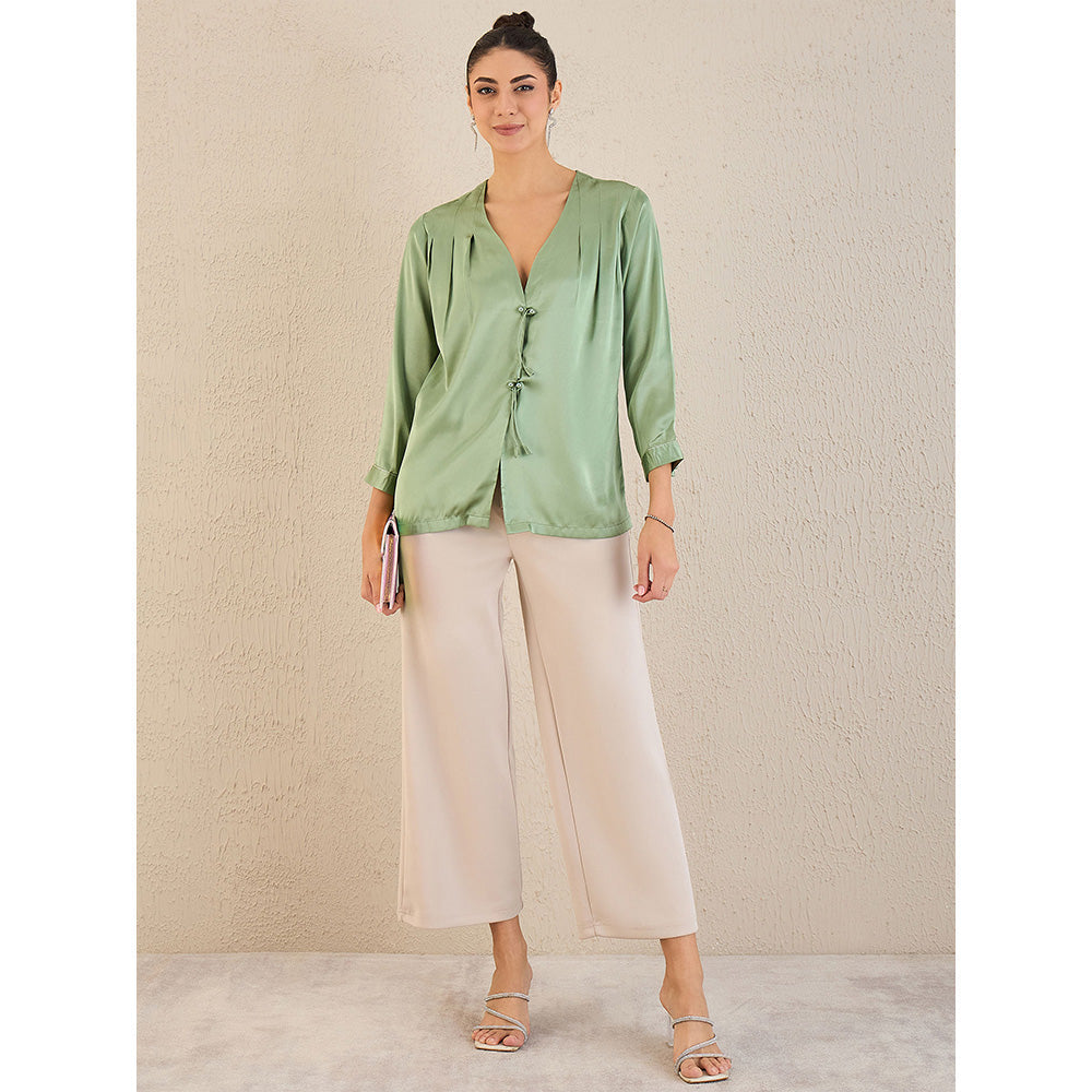 First Resort by Ramola Bachchan Tea Green Crystal Embellished Satin Top with Bow Detail